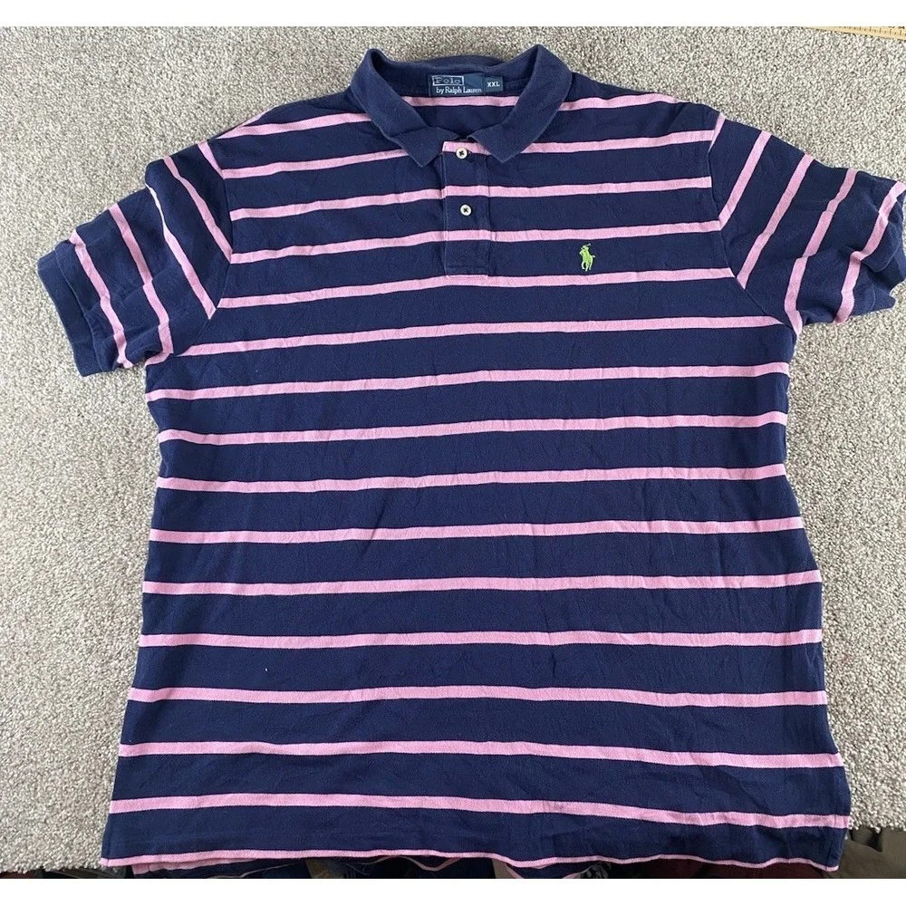Polo Ralph Lauren Pink/Blue Striped Polo Shirt Cotton Green Pony Mens XXL Preppy
